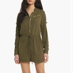 Topshop Zip Front Long Sleeve Utility Romper Green NWT